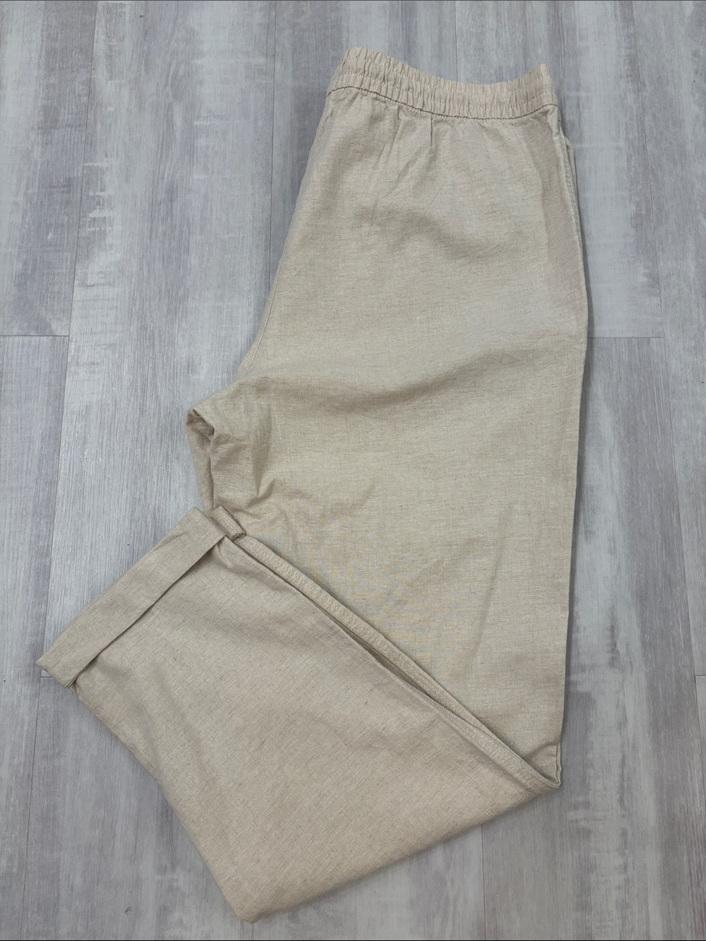 H&M Women's Beige Elastic Waist Casual Trousers Cuffed Ankle Linen Blend Large
